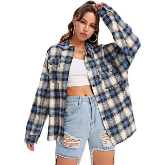 WOMEN'S Plaid Long Sleeve Shirt Button Down 64 Blue